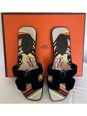 Hermes SZ 8 Rare Black Suede Brides de Gala Slide Sandals EUC